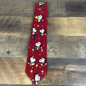 Peanuts Snoopy Christmas Tie Red Silk Deck The Halls Woodstock Holiday Mens